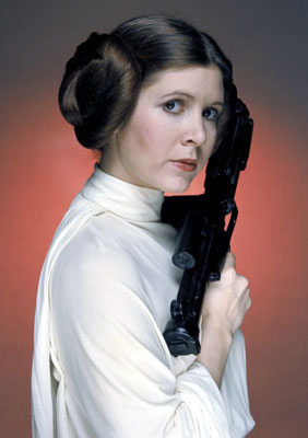 Carrie Fisher posing as "Stars Wars" Princess Leia 