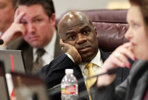 FILE - This May 10,2011 file photo shows Nevada Assemblyman Kelvin Atkinson, D-North Las Vegas, listens to a debate during a joint budget hearing at the Legislature in Carson City, Nev. The Nevada Senate, after an hour-long, soul-searching debate about equality, love and marriage passed a resolution late Monday repealing the state's heterosexual definition of marriage, the first step in a long process to recognize gay marriage. For Atkinson, it was a coming out of sorts when he announced to many, 