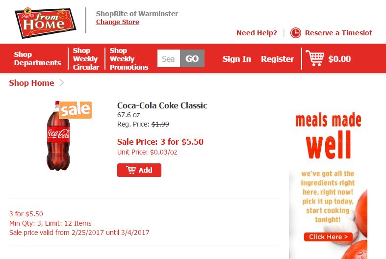 Regular price of $1.99 per 2-liter Coca-Cola at ShopRite of Warminster, Pennsylvania, Sale price of $5.50 for 3 (unit price of $1.83)